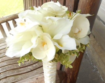 Playa boda verdadera del tacto blanco lirio en cascada playa ramo / ramo de Novia de seda de seda de la boda flores / Tropical de Calla Lily flores