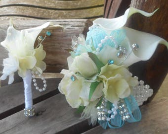 Ivoire et la lumière bleue Real Touch Calla Lily poignet Corsage et boutonnière combinaison / fleurs Calla Lily bal / mariage Calla Lily