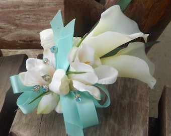 Mariage de plage / Destination fleurs mariage / Tropical / Spa bleu broche soie Real Touch ou poignet Corsage / bal fleurs de soie / Spa Bue