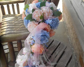 Pink Rose and Steel Blue Cascading Bridal Bouquet / Pink Silk Wedding Flowers / Rose Bridal Bouquet / Country Wedding Flowers / Silk Bridal