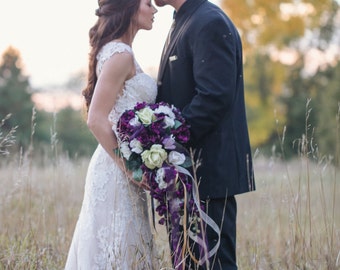 14 pc Real Touch rosa en cascada ramo seda berenjena / flores de la boda conjunto / de seda de flores de la boda de novia flores de berenjena