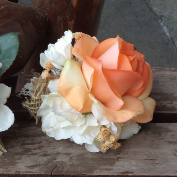 Rustic Wedding Coral Rose Wrist Corsage /  Real Touch Rose Wrist Corsage / Coral Wedding / Country Wedding Corsage / Coral Prom Flowers