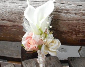 Ivory Blush Pink and Gold  Real Touch Calla Lily Boutonniere / Silk Wedding Fowers / Chic Wedding / Calla Lily Prom Flowers / Shabby Wedding