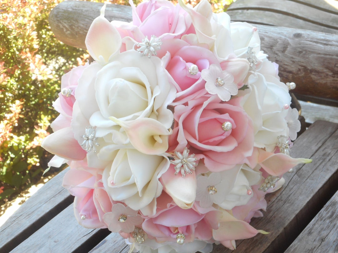 Blush Pink Bridal Bouquet / White Real Touch Rose / Calla Lily / Pink  Brides Bouquet W/ Grooms Boutonniere / Silk Wedding Flowers - Etsy, image size:1080x810
