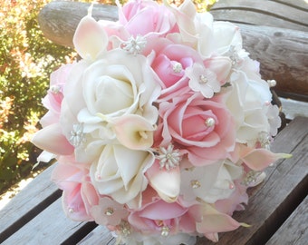 Blush Pink Bridal Bouquet / White Real Touch Rose / Calla Lily / Pink Brides Bouquet w/ Grooms Boutonniere / Silk Wedding Flowers