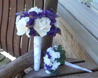 Real Touch Purple Hydrangea Purple Calla Lily White Rose Bridal Bouquet / Grooms Boutonniere / Silk Wedding Flowers / Silk Bridal Bouquets