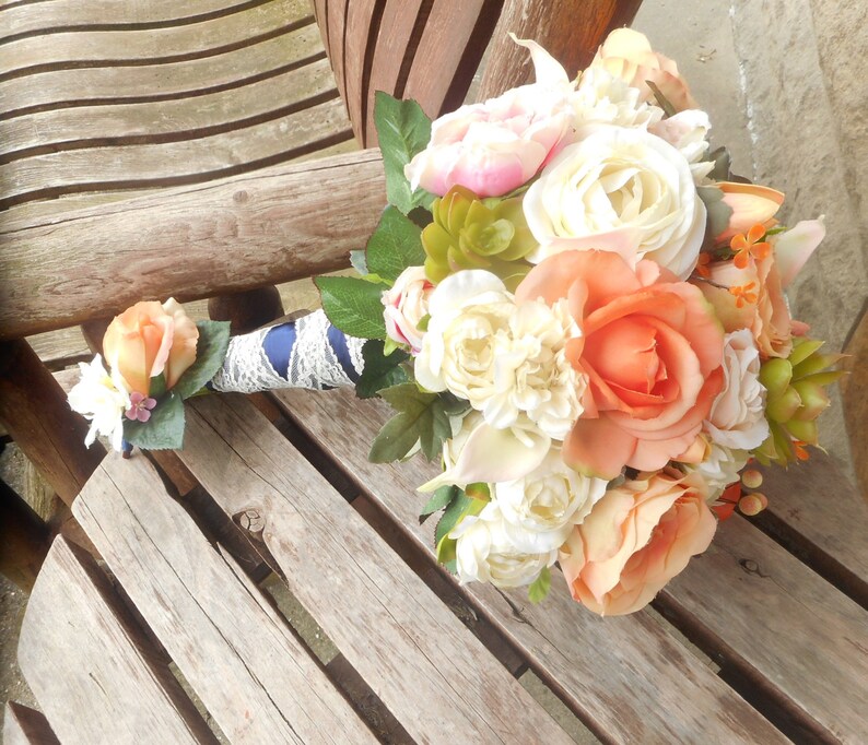 Coral Pink and Succulents Beach Wedding Bouquet Destination Wedding Silk Wedding Flowers Beach Wedding Bouquet Rustic Bridal Bouquet