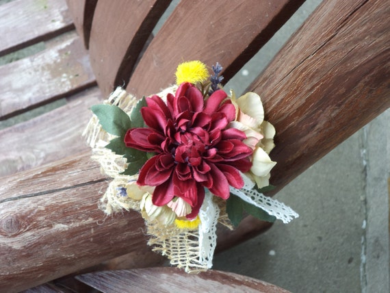 Burgundy and Antique Teal Silk Wrist Corsage and Boutonnire Burlap Rustic Wedding Country Wedding Country Prom Flowers Rustic Prom