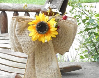 Large Burlap and Sunflower Pew Bows or Aisle Markers / Chair Bow / Country Wedding Decor / Rustic Wedding / Sunflower Wedding Decor / 6 Pcs.