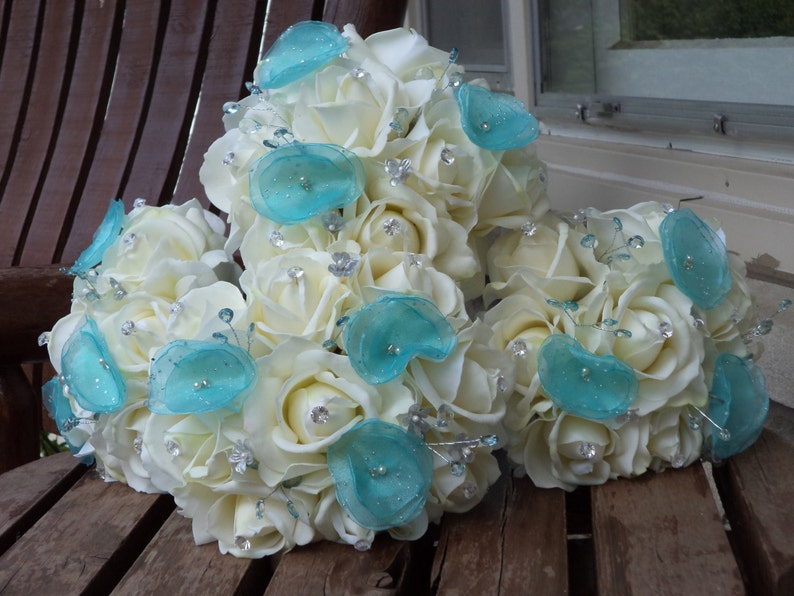 Real Touch Rose Blue Cascading Silk Bridal Bouquet / Aqua Blue Etsy