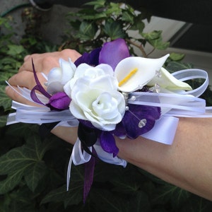 Purple and White Real Touch Silk Wrist Corsage for Weddings or - Etsy