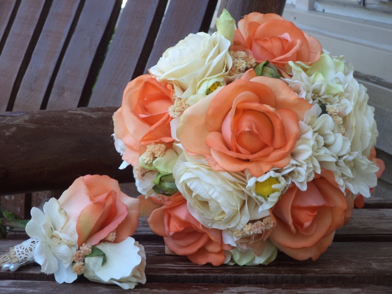 Coral Rose and Champagne Rustic Wedding Bouquet / Silk Bridal - Etsy
