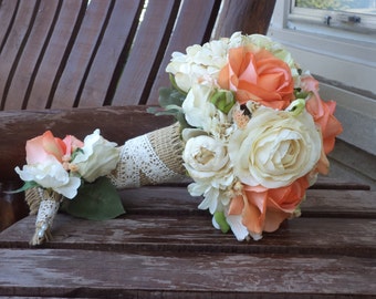 Bouquet de boda rústica rosa coral y Champagne / ramo de Novia de seda / seda de flores de la boda ramo de Novia de país tacto Real flores