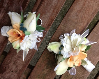 Coral and Teal Blue Real Touch Rose Wrist Corsage / Coral Prom Flowers / Prom Corsage / Wedding Corsage / Rose Prom Flowers / Prom Flowers