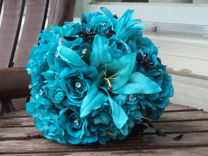 Teal Silk Bridal Bouquet and Grooms Boutonniere / Silk ...