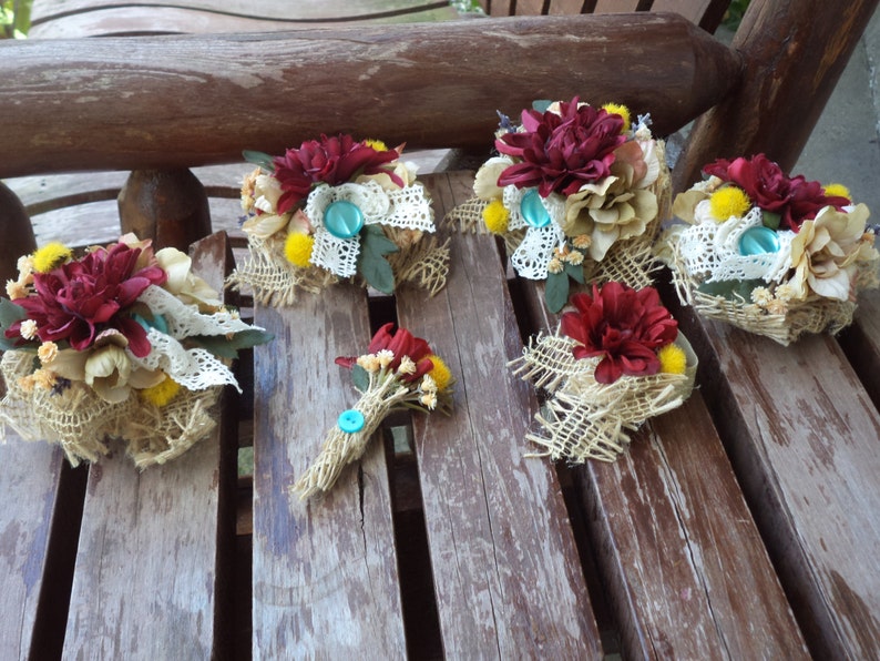 Burgundy and Antique Teal Silk Wrist Corsage and Boutonnire Burlap Rustic Wedding Country Wedding Country Prom Flowers Rustic Prom