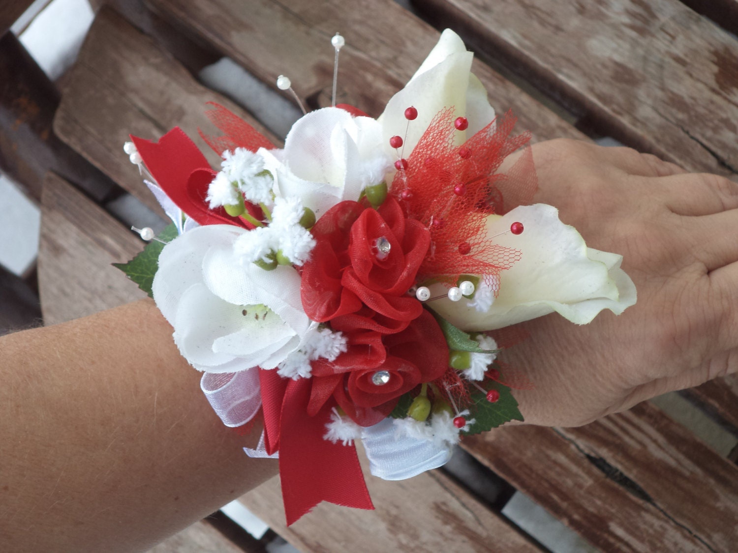 red dress white corsage Red Rose & White Orchid Prom Wrist Corsage