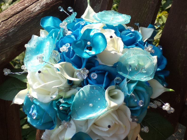 Real Touch Rose Blue Cascading Silk Bridal Bouquet / Aqua Blue Etsy