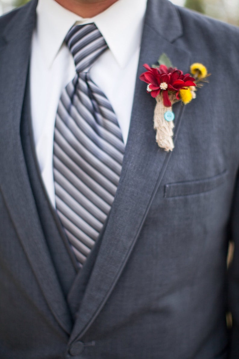 Burgundy and Antique Teal Silk Boutonniere for Weddings or Proms / Country Wedding / Burgundy Wedding Flowers / Prom Flowers image 1