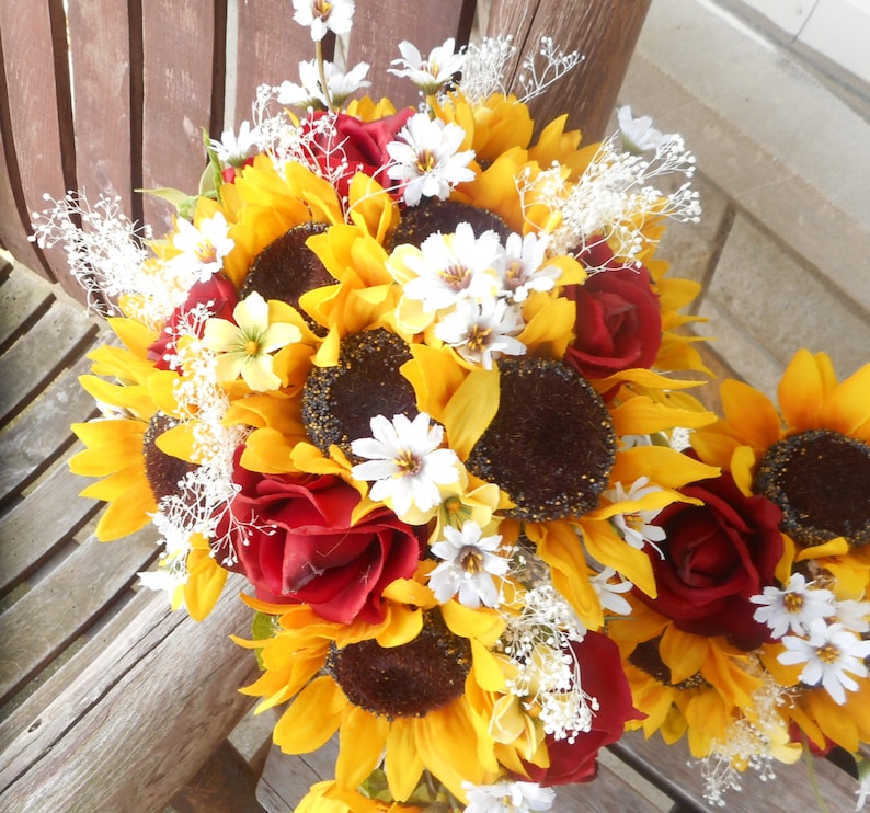 Sunflower Cascading Silk Bridal Bouquet with Real Touch ...
