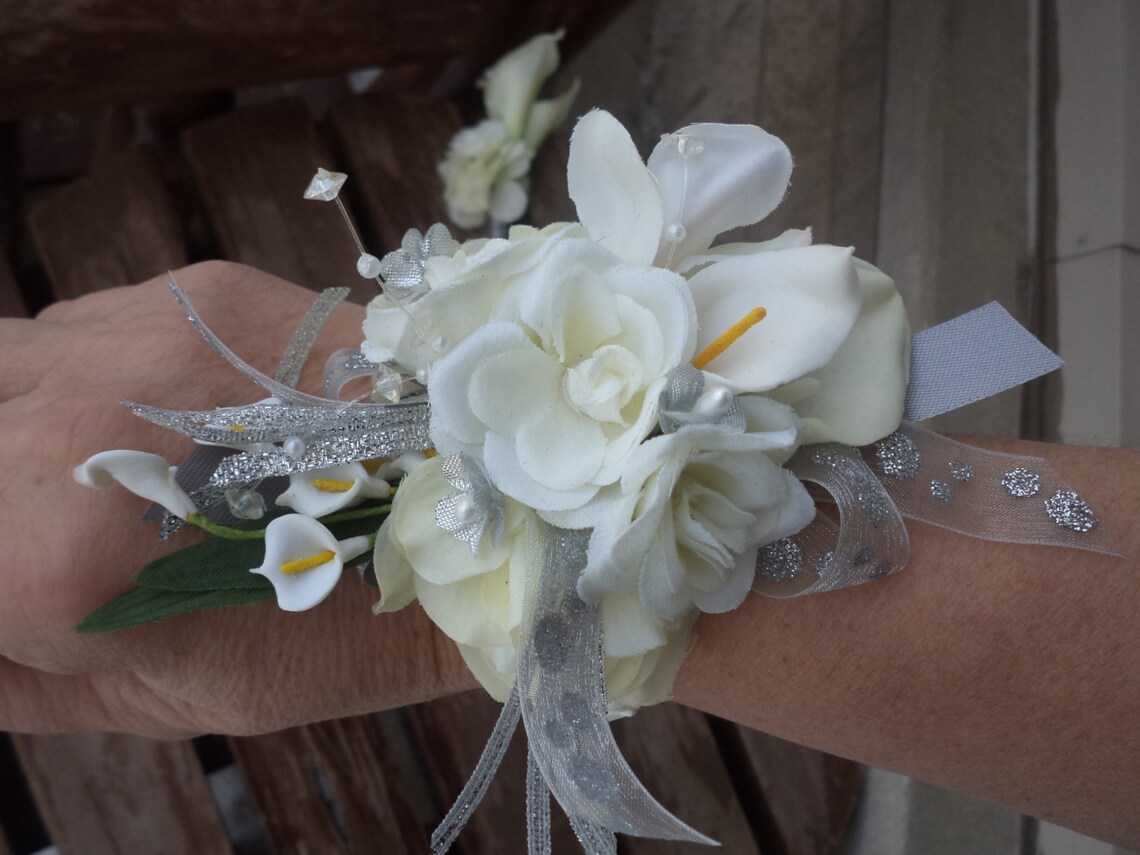 White and Silver Real Touch Silk Wrist Corsage and Boutonniere - Etsy ...