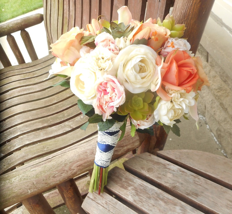 Coral Pink and Succulents Beach Wedding Bouquet Destination Wedding Silk Wedding Flowers Beach Wedding Bouquet Rustic Bridal Bouquet