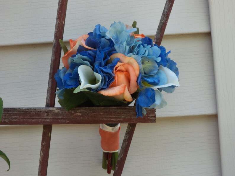 3 pc Beach Wedding Destination Wedding Tropical Coral Royal Blue Ivory and Lime Real Touch Silk Bridal Bouquet Silk Wedding Flowers