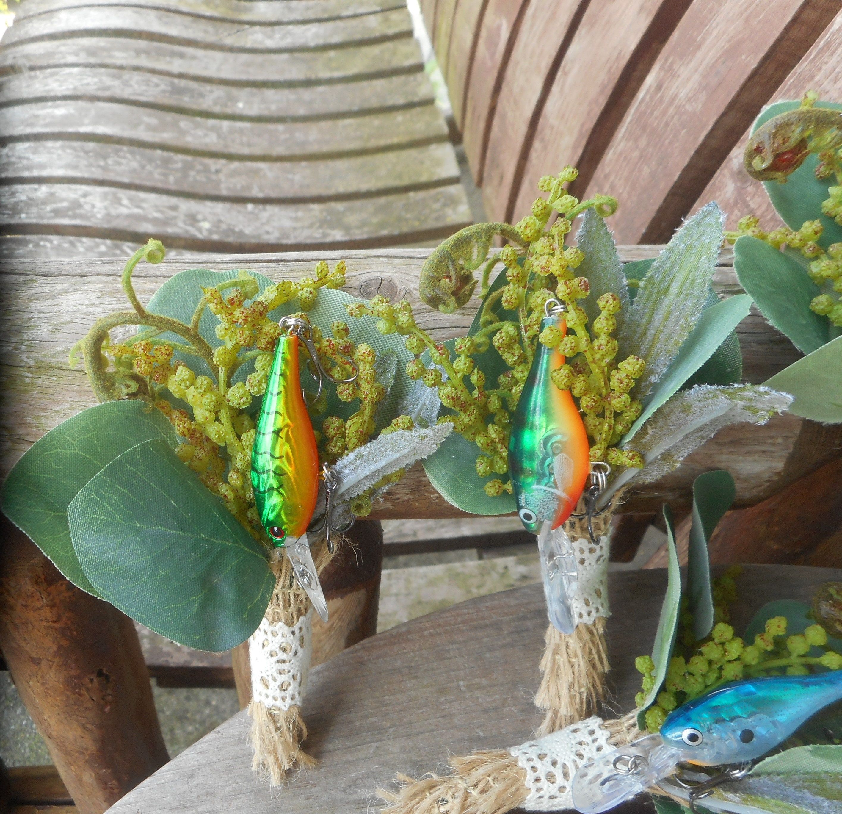 boutonniere with fishing lure and flowers - Wedding White Fishing Themed Wedding / Tropical