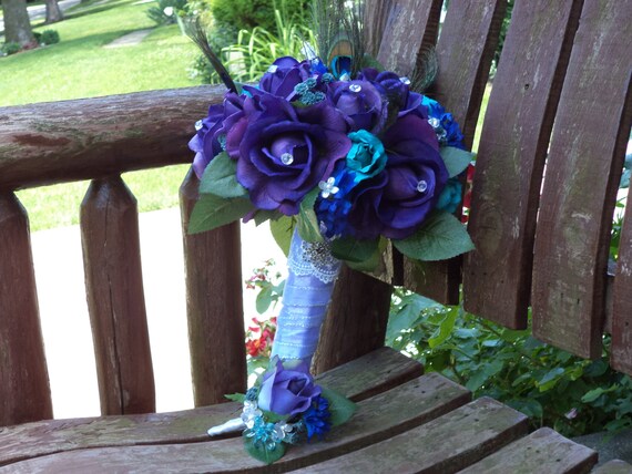 Peacock Bridal Bouquet Teal And Purple Real Touch Silk Etsy