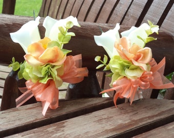 Beach Wedding / Destination Wedding / Tropical Coral Ivory and Lime Real Touch Silk Calla Lily Pin On Corsage / Prom Corsage / Prom Flowers