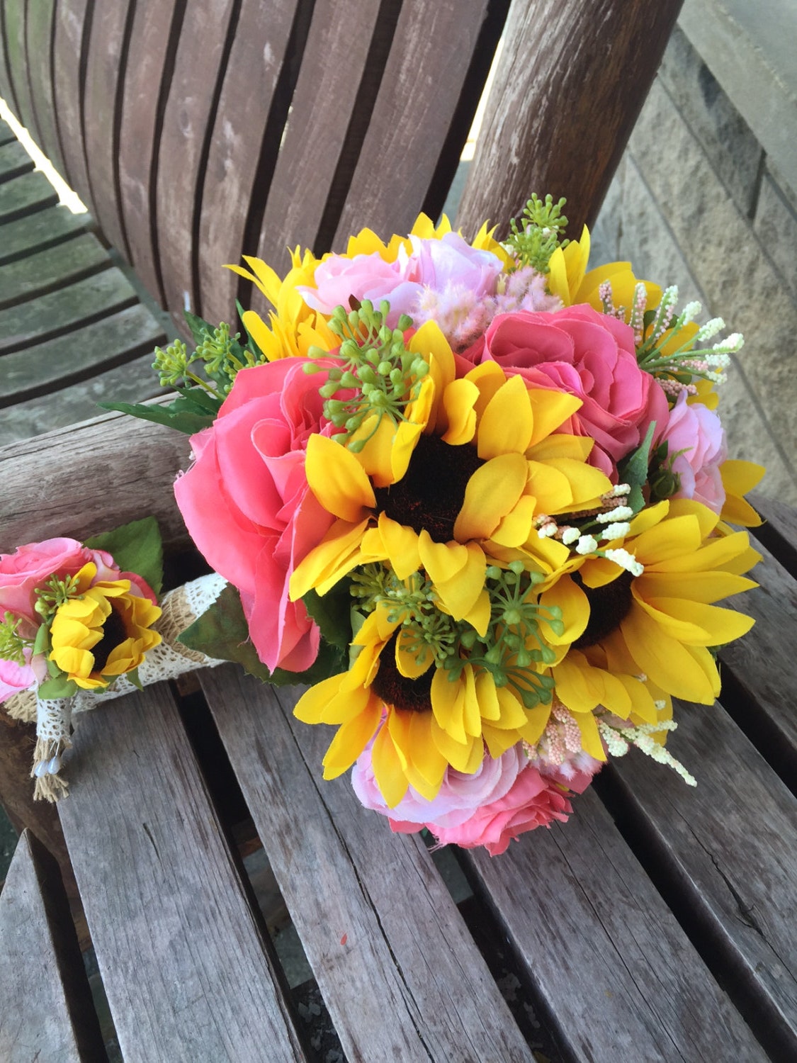 Sunflower and Pink Rose Silk Bridal Bouquet / Rustic Wedding Etsy