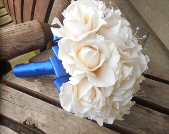 Real Touch Ivory Rose and Blue Silk Bridal Bouquet and Grooms Boutonniere / Colbalt or Royal Blue Wedding / Silk Wedding Flowers