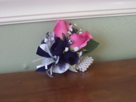 Hot Pink And Navy Real Touch White Rose Silk Wrist Corsage Etsy