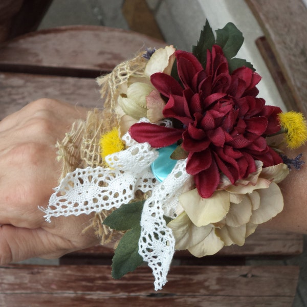 Burgundy and Antique Teal Silk Wrist Corsage for Weddings and Prom / Burlap and Lace Rustic Wedding / Country Wedding / Prom Flowers