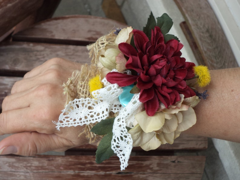 Burgundy and Antique Teal Silk Wrist Corsage and Boutonnire Burlap Rustic Wedding Country Wedding Country Prom Flowers Rustic Prom