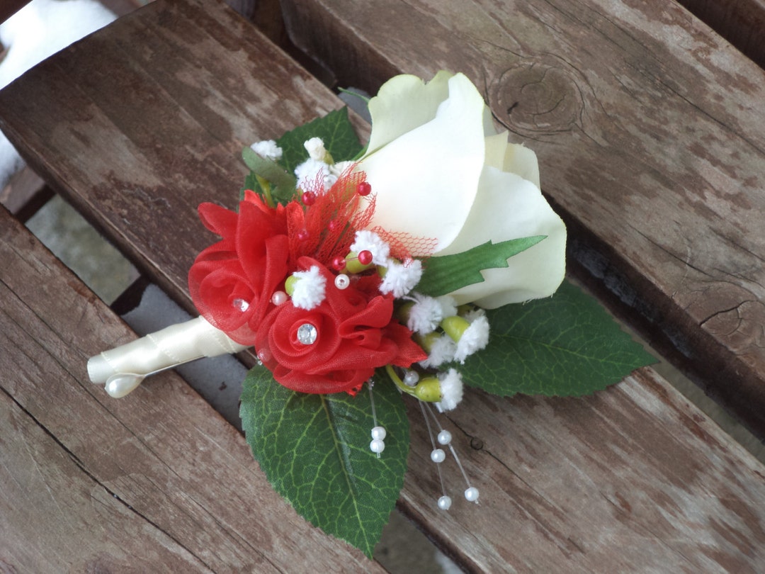 Real Touch White Rose Silk Boutonniere for Weddings or Prom / Red ...