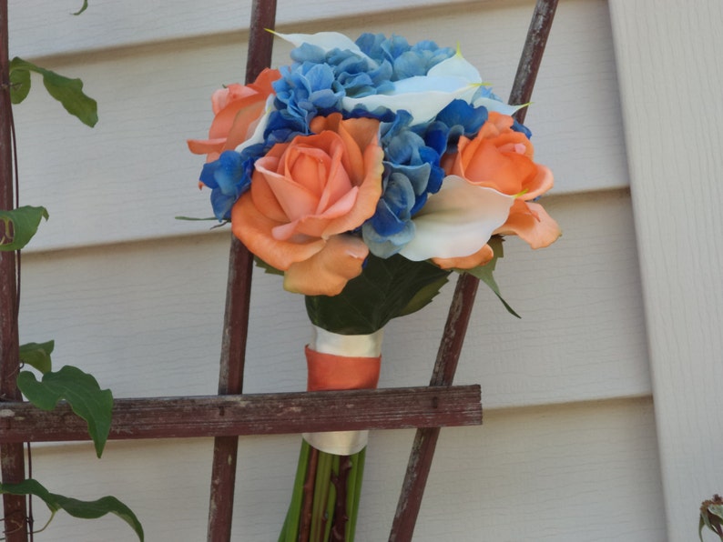 3 pc Beach Wedding Destination Wedding Tropical Coral Royal Blue Ivory and Lime Real Touch Silk Bridal Bouquet Silk Wedding Flowers