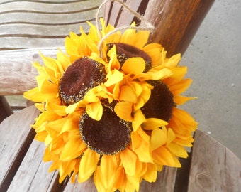 Sunflower Kissing Ball / Flower Girl Pomander / Silk Wedding Flowers / Rustic Wedding / Country Wedding / Sunflower Wedding Aisle Decor