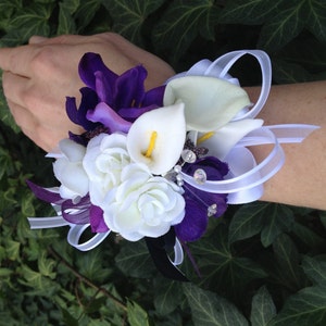 Purple and White Real Touch Silk Wrist Corsage for Weddings or Prom ...