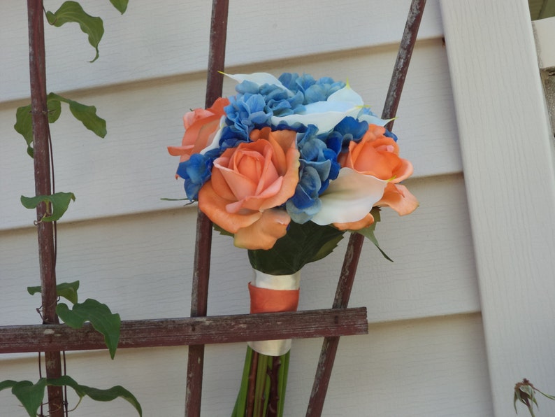 3 pc Beach Wedding Destination Wedding Tropical Coral Royal Blue Ivory and Lime Real Touch Silk Bridal Bouquet Silk Wedding Flowers