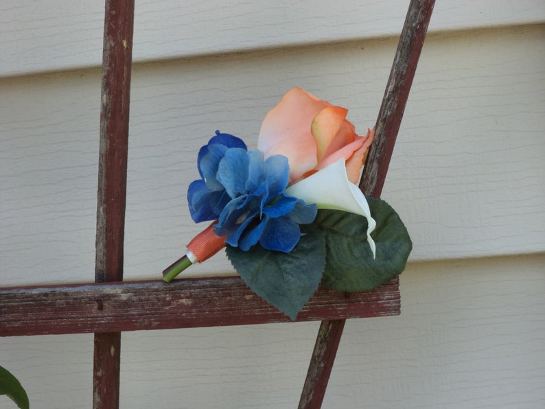 3 pc Beach Wedding Destination Wedding Tropical Coral Royal Blue Ivory and Lime Real Touch Silk Bridal Bouquet Silk Wedding Flowers