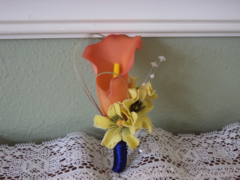 Beach Wedding Boutonniere Destination Wedding Boutonniere Tropical Coral Real Touch Silk Calla Lily Boutonniere Prom Flowers