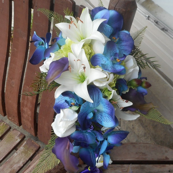 Destination or Beach Wedding / Real Touch Cascading Bridal Bouquet / Purple Teal and Royal Blue Bouquet / Tropical Flowers / Silk Flowers