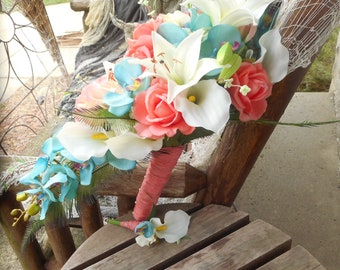 Destino playa boda / Real toque o ramo de Novia de cascada / Aqua y Coral azul Bouquet / Tropical / flores de seda flores