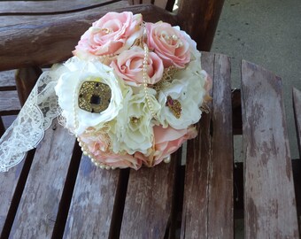 Vintage Brooch Bouquet / Vintage Lace / Shabby Look Blush Pink Silk Bridal Bouquet / Grooms Bout / Silk Wedding Flowers / Country Wedding