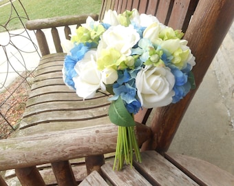 Azul Bouquet de bodas / ramo de Novia de azul / azul verde blanco boda / Real tacto seda ramo / flores de la boda de seda de alta calidad