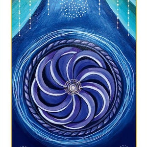 May include: An abstract painting featuring a central spiral design in shades of blue and purple, surrounded by a circular border. The artwork includes the text "Wheel of Eternity" at the bottom, set against a dark blue background with gold accents.