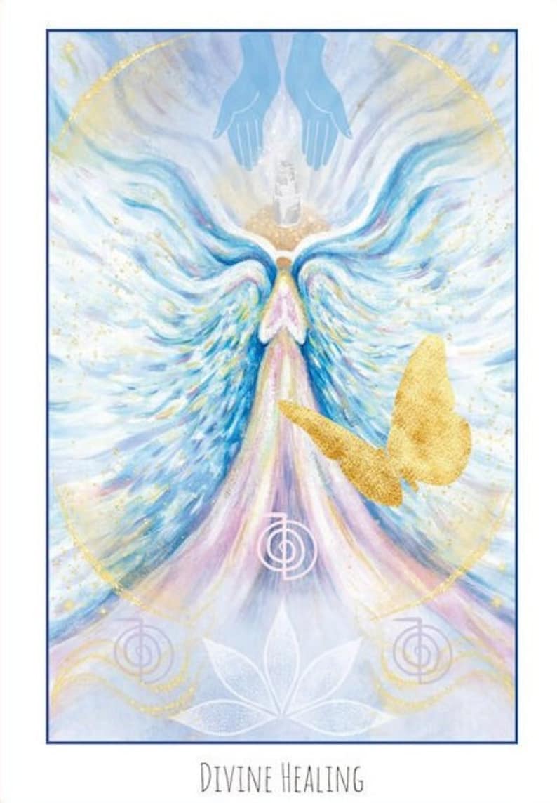 May include: An artistic illustration featuring a central figure with outstretched wings, rendered in shades of blue, white, and gold. A golden butterfly is positioned on the right. The words "DIVINE HEALING" are at the bottom.