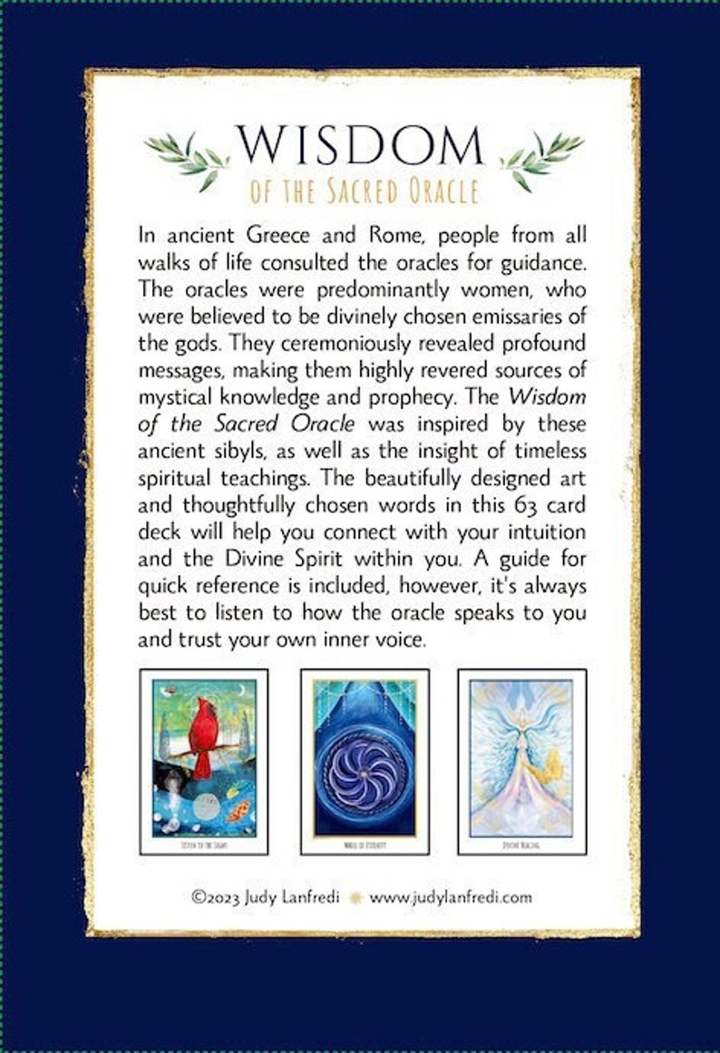 May include: A card deck titled "Wisdom of the Sacred Oracle" with a navy blue border. The deck's description is in black text, and three sample card images are shown. The text includes the website judylanfredi.com.