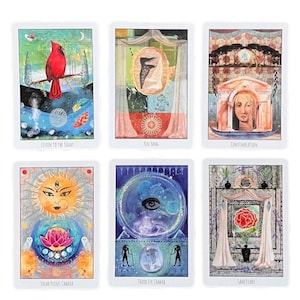 May include: Six tarot cards with white borders. The cards feature colorful illustrations with themes including a red bird, a yin yang symbol, a woman in a boat, a sun face, an eye in a sphere, and a red rose. Text on the cards includes "Listen to the Signs" and "Third Eye Chakra."